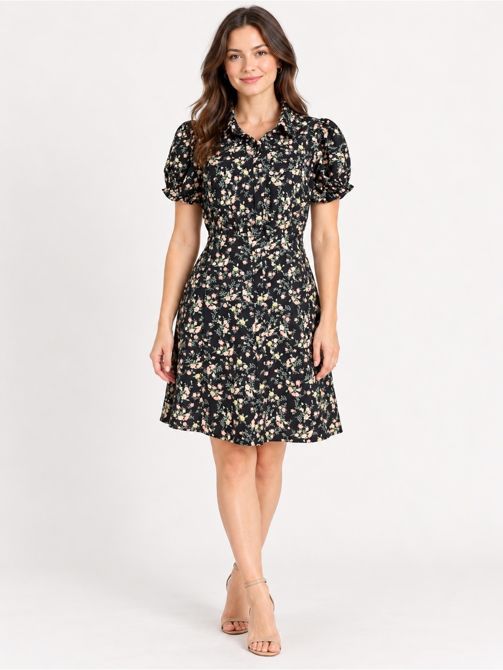 Love Tree Black Floral Short-Sleeve Shirt Dress